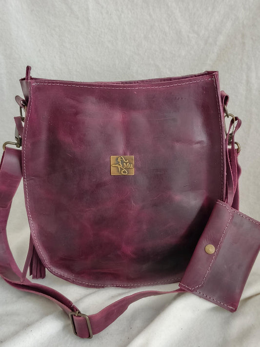 Genuine Leather Crossbody Bag with Wallet & Tassel
