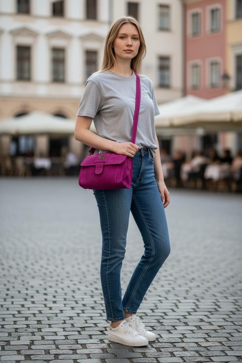 Pink Suede Leather Women's Bag, Stylish Daily Accessory (28*19 cm).