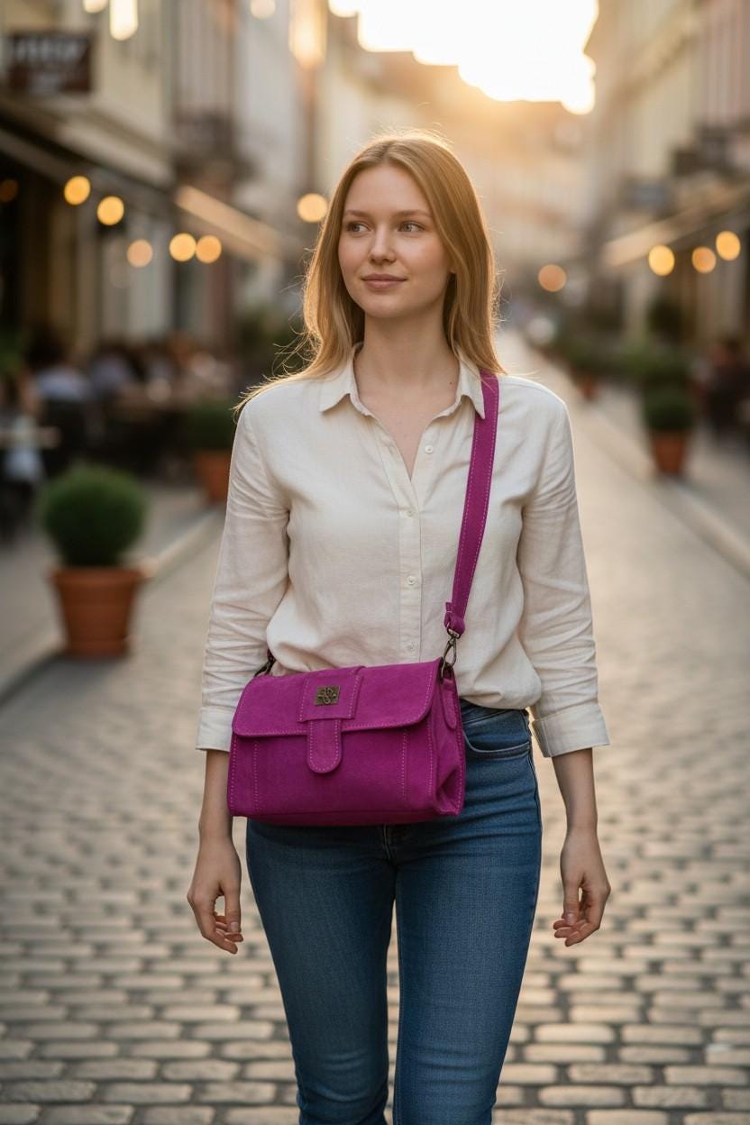 Pink Suede Leather Women's Bag, Stylish Daily Accessory (28*19 cm).