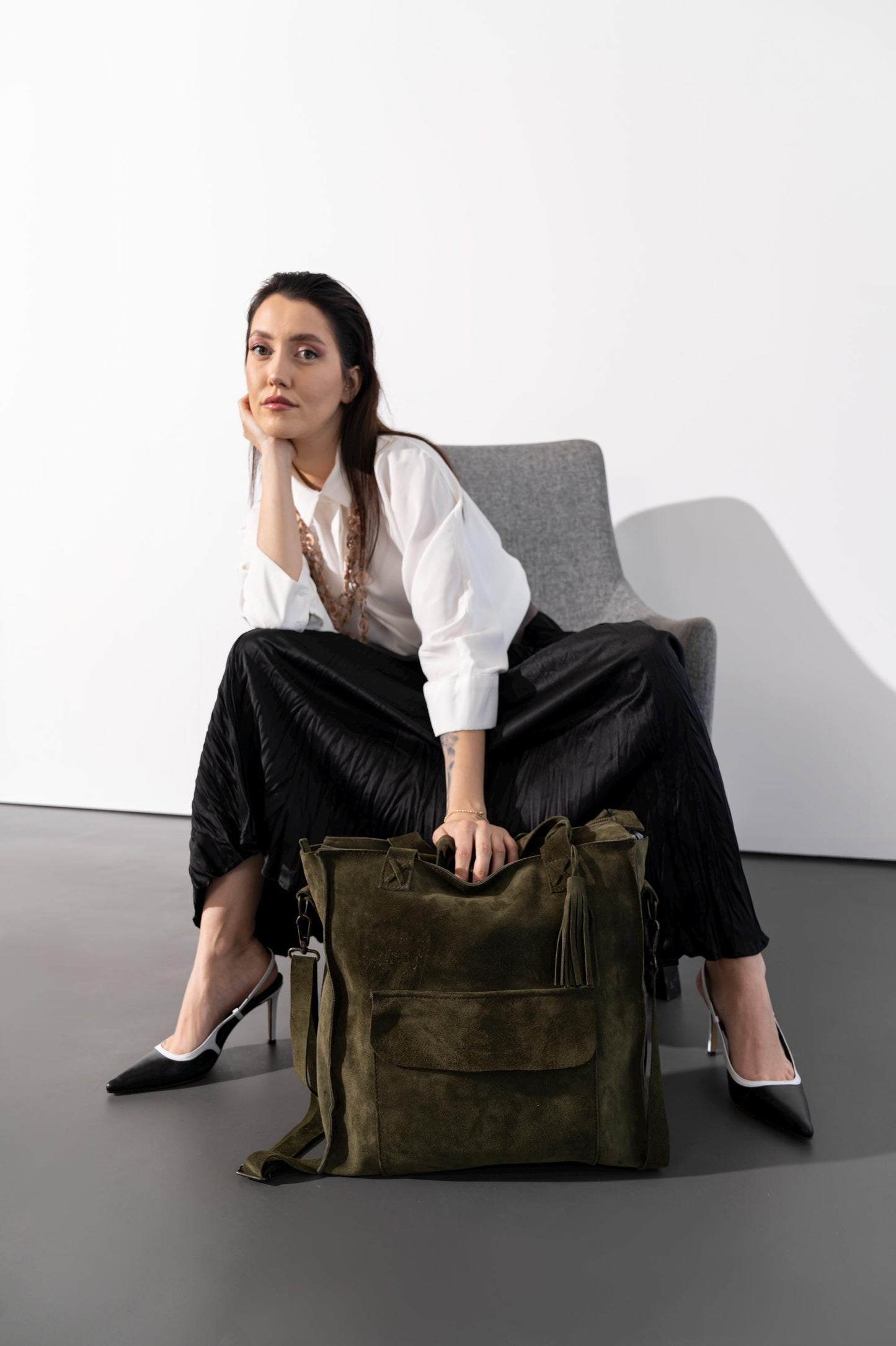 Khaki Green Suede Leather Bag: Women's Crossbody Tote