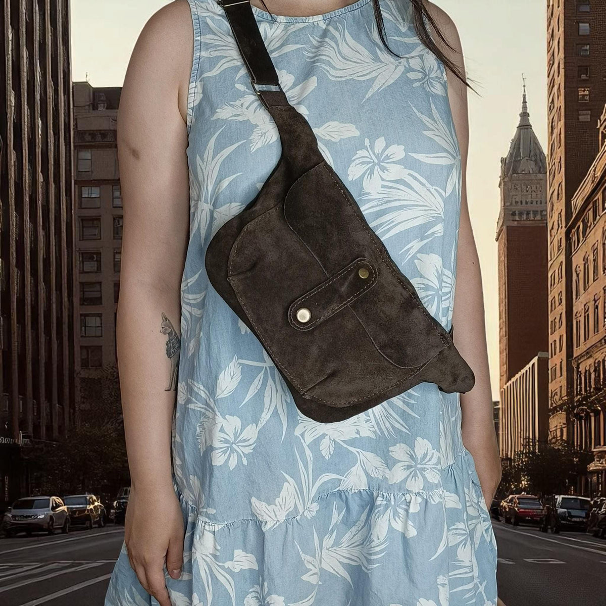 women's crossbody waist bag, real suede leather