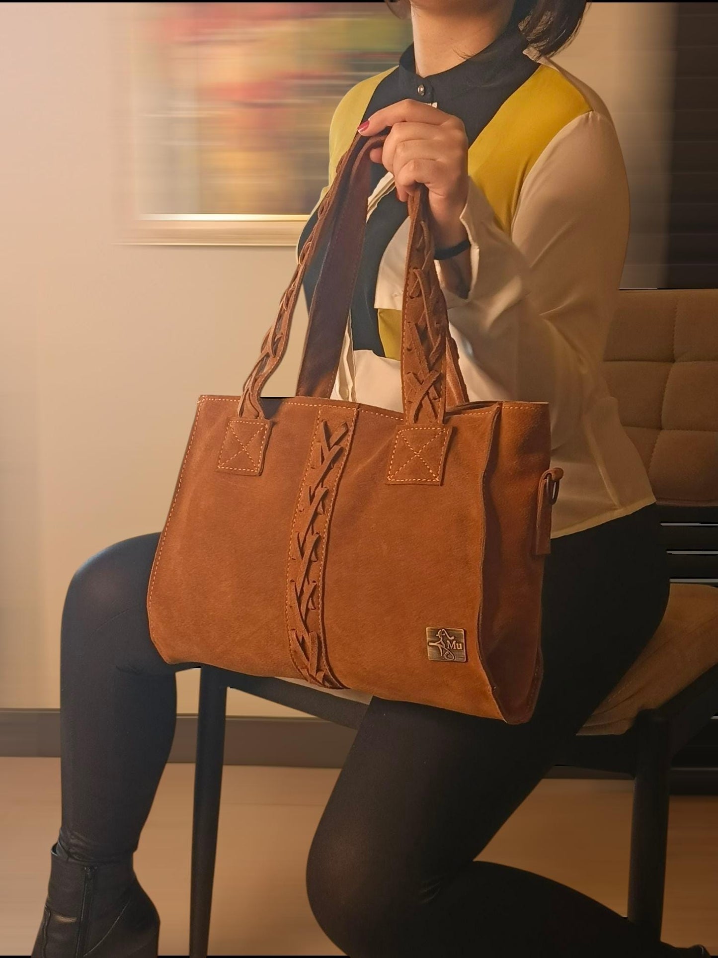 Handmade Suede Leather Tan Satchel Bag: Designer Shoulder Bag