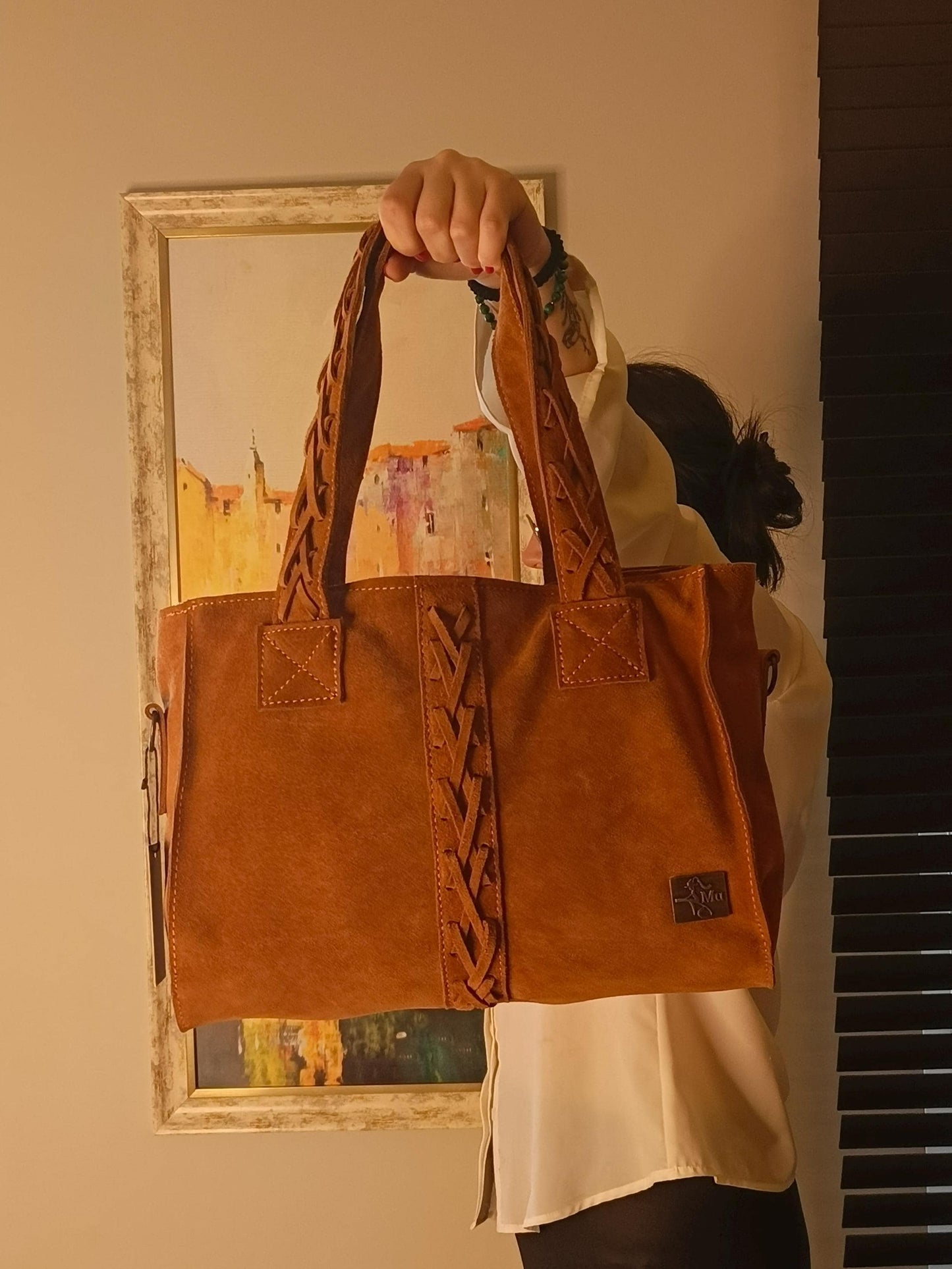 Handmade Suede Leather Tan Satchel Bag: Designer Shoulder Bag