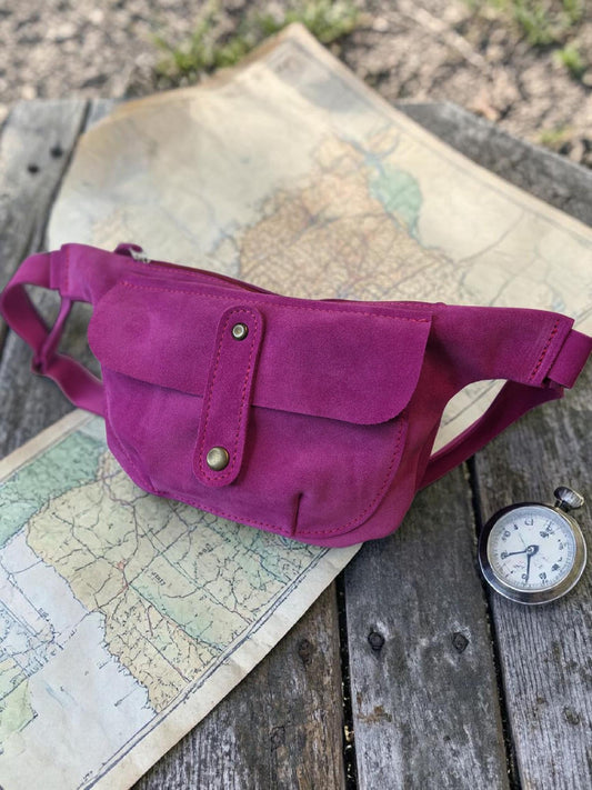 Genuine leather women's handbag, pink handbag, fanny pack