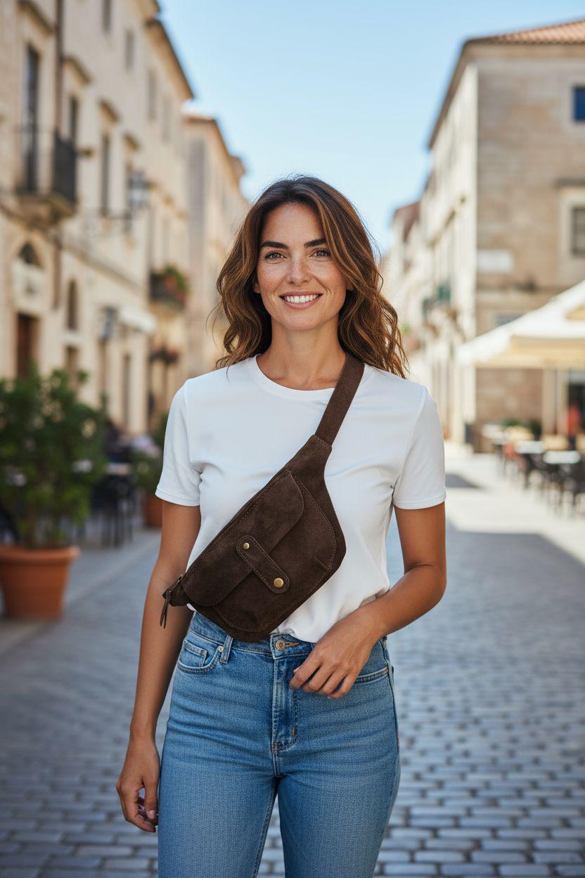 women's crossbody waist bag, real suede leather - görsel 2