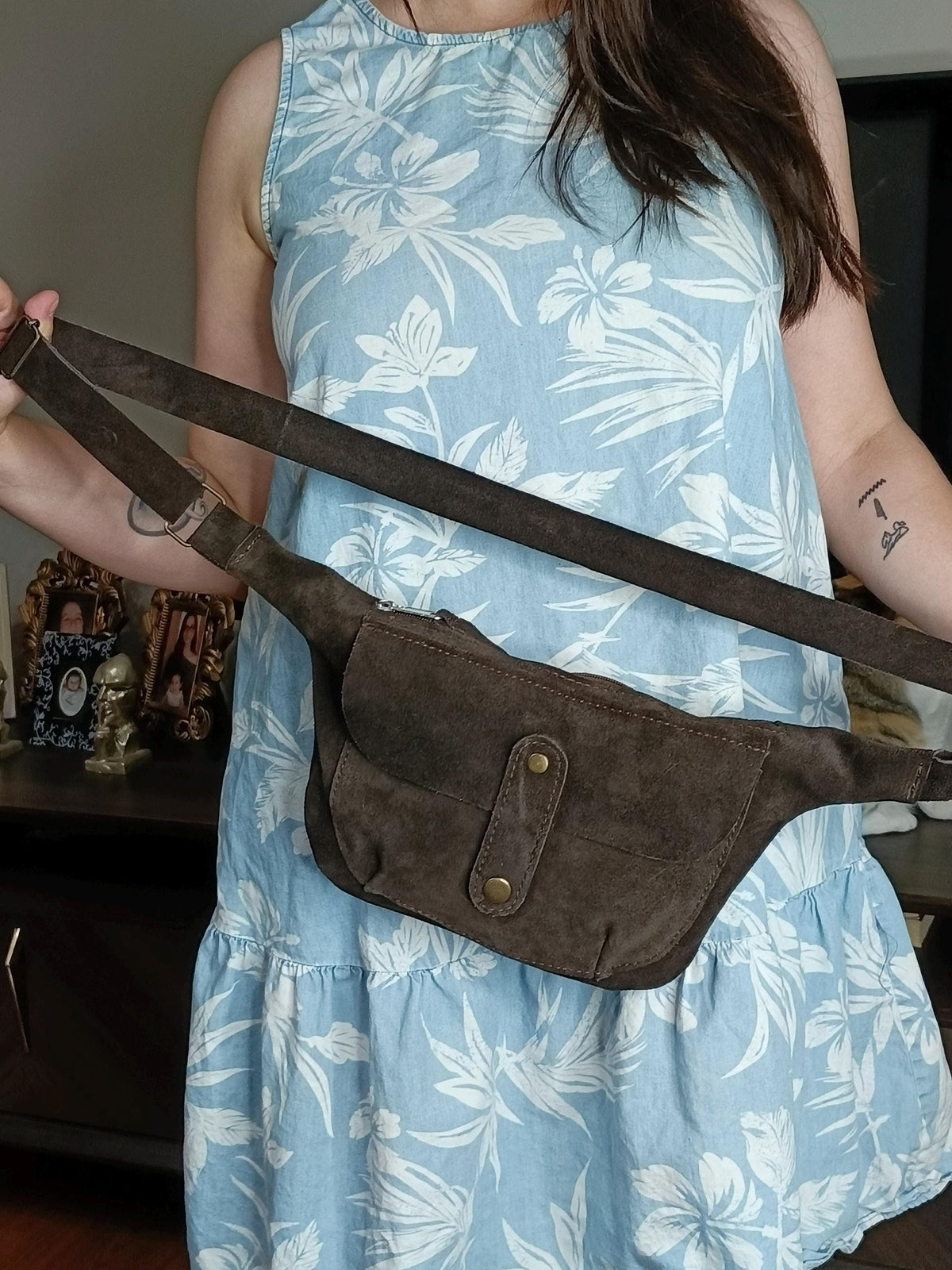 women's crossbody waist bag, real suede leather - görsel 5