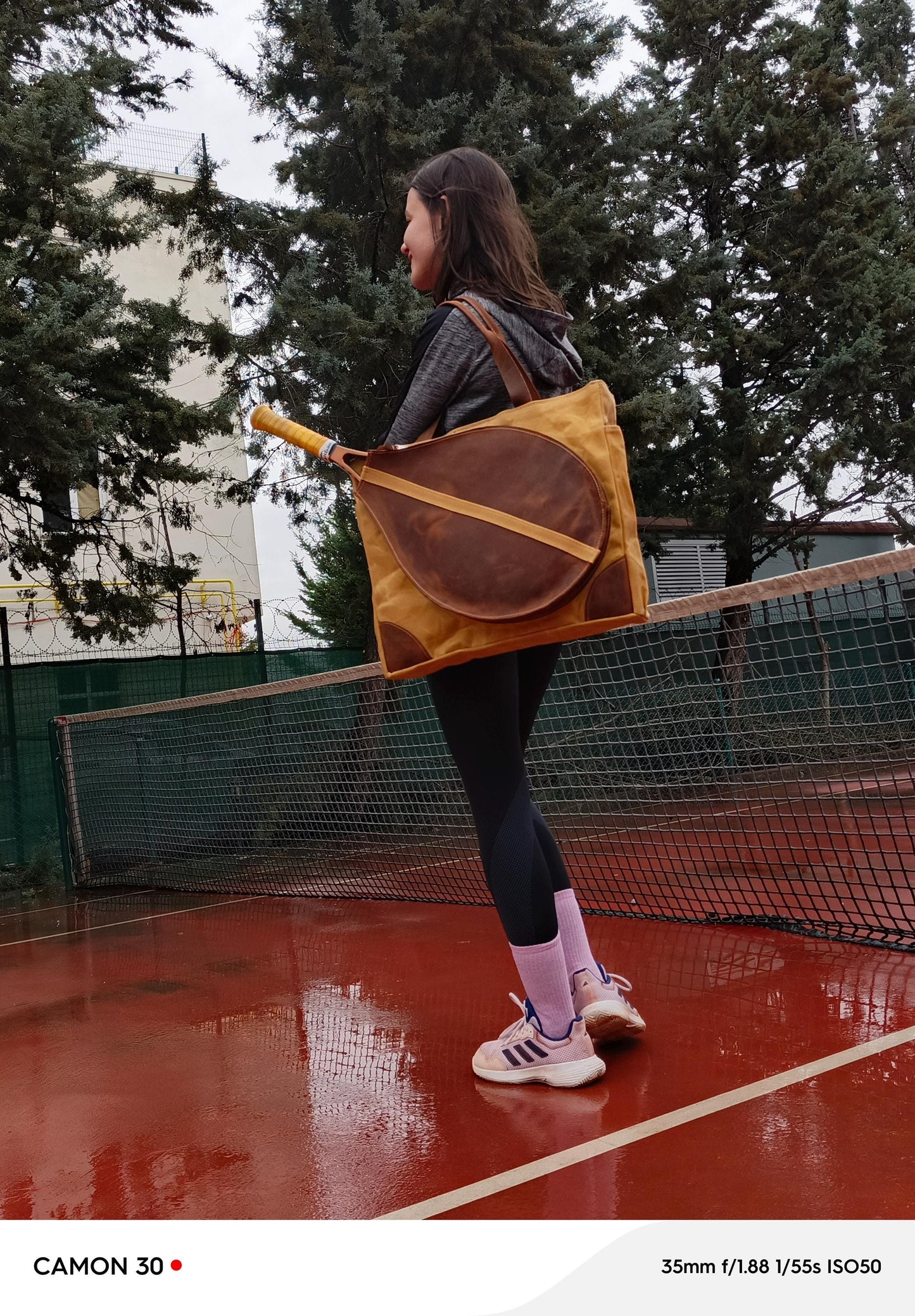 Genuine leather and canvas fabric combination special design tennis bag