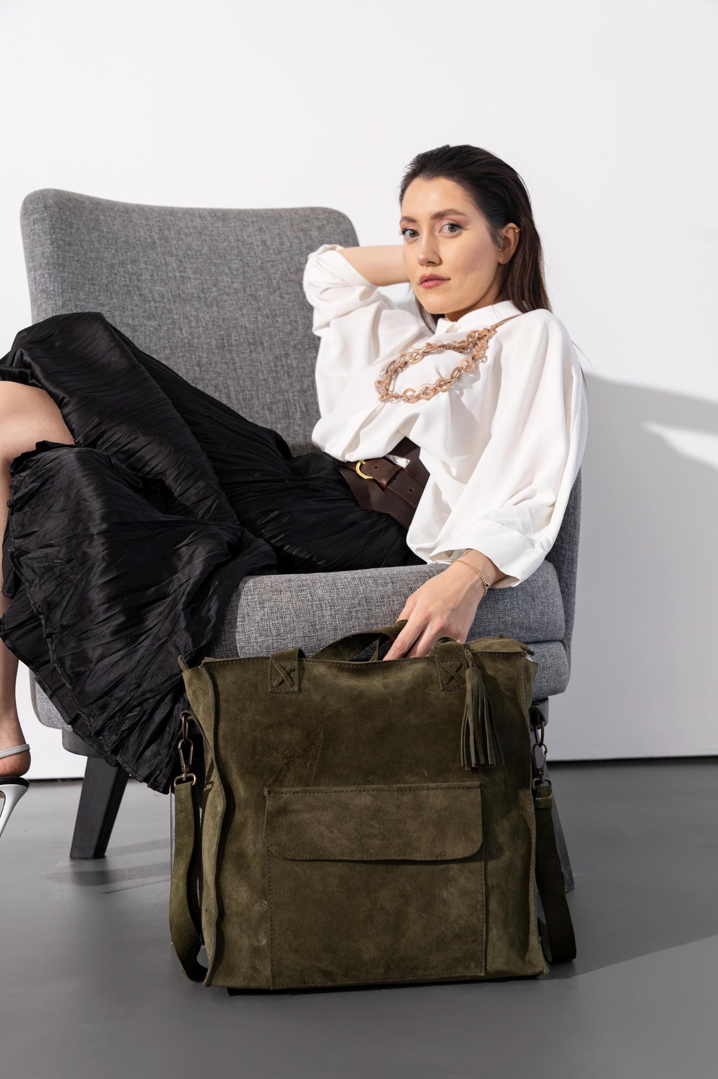 Khaki Green Suede Leather Bag: Women's Crossbody Tote