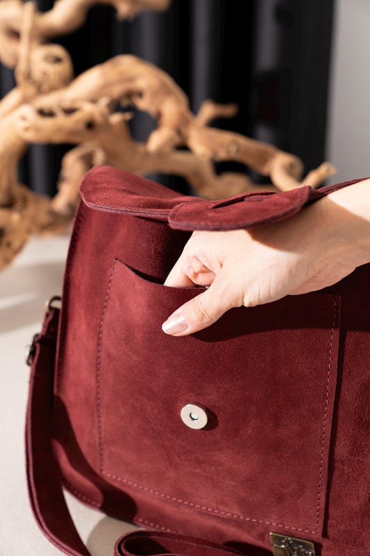 Genuine Leather Suede Crossbody Bag: Magnetic Closure