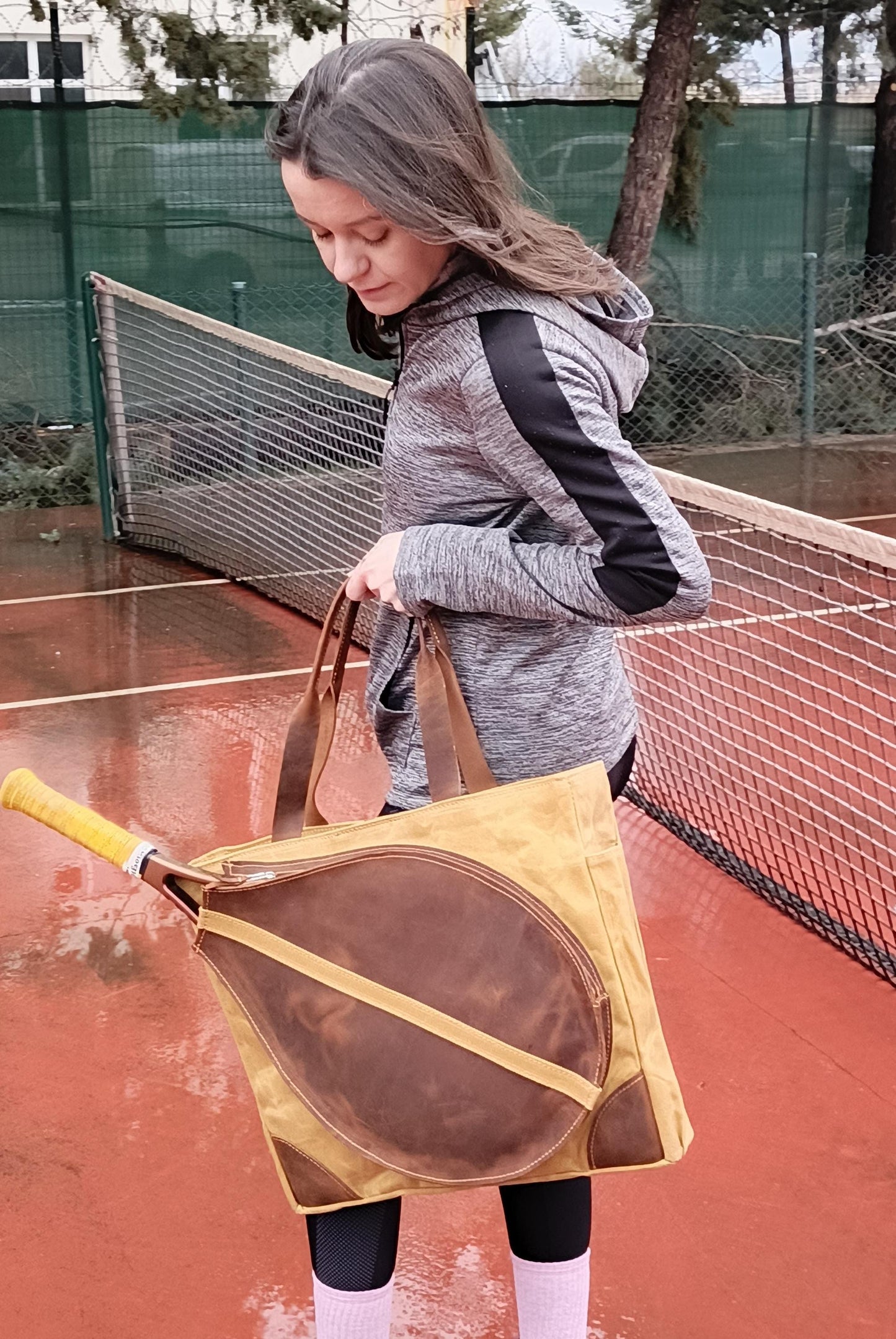 Genuine leather and canvas fabric combination special design tennis bag