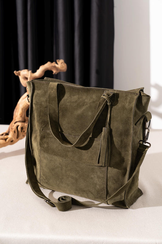 Khaki Green Suede Leather Bag: Women's Crossbody Tote