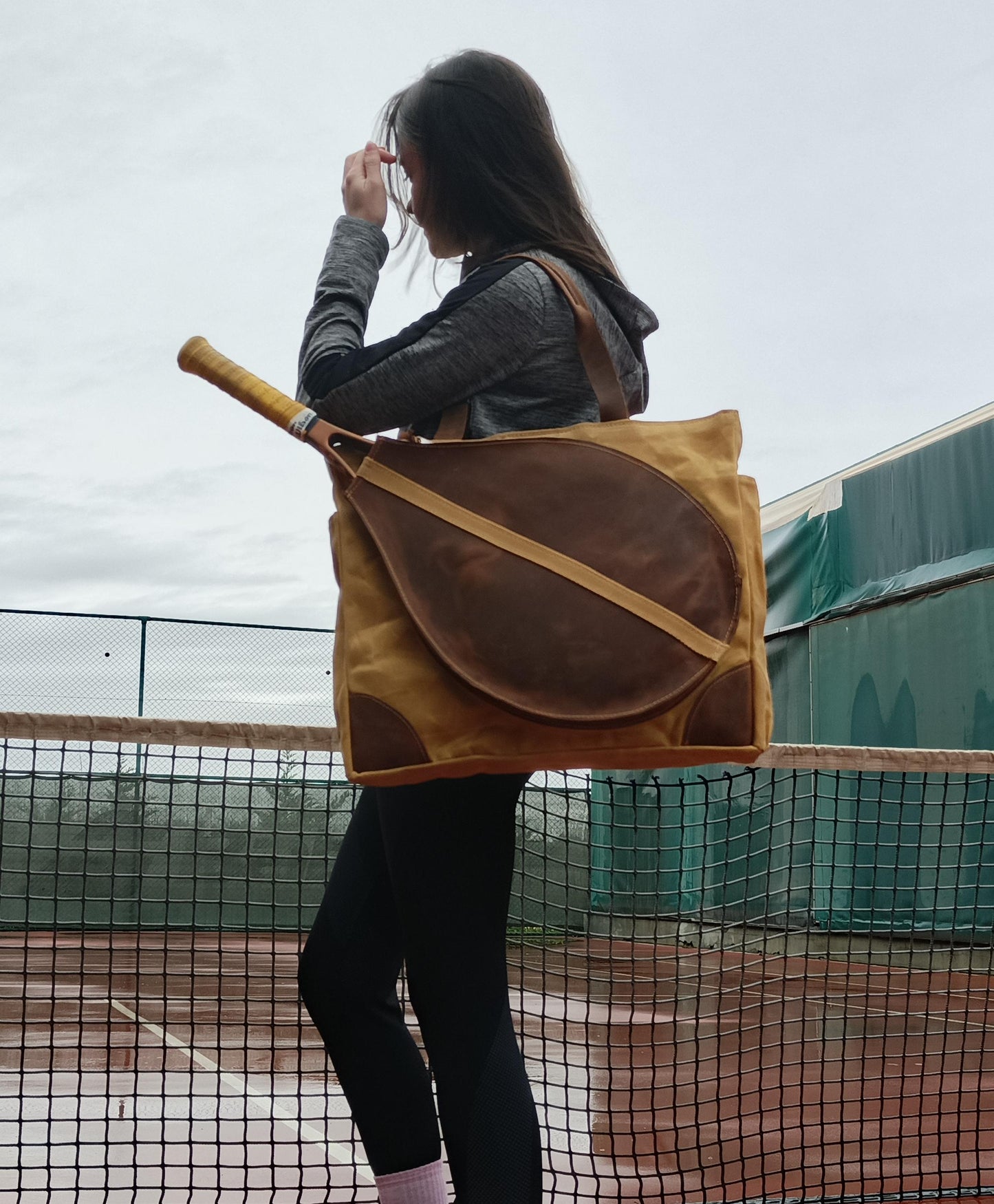 Genuine leather and canvas fabric combination special design tennis bag