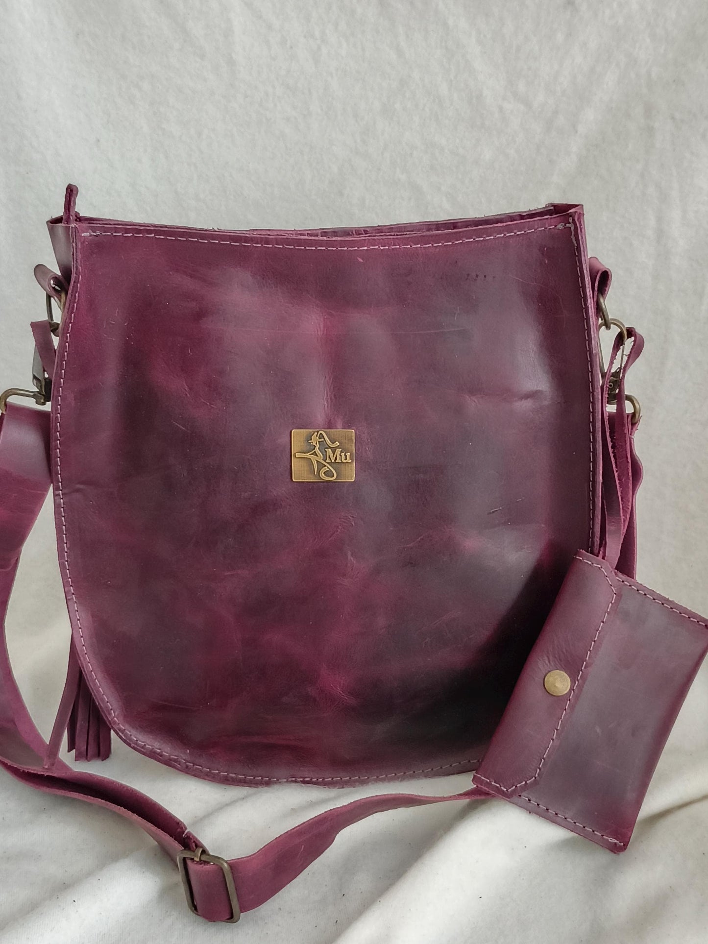 Genuine Leather Crossbody Bag with Wallet & Tassel