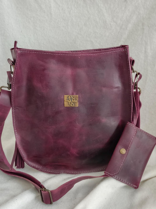 Genuine Leather Crossbody Bag with Wallet & Tassel