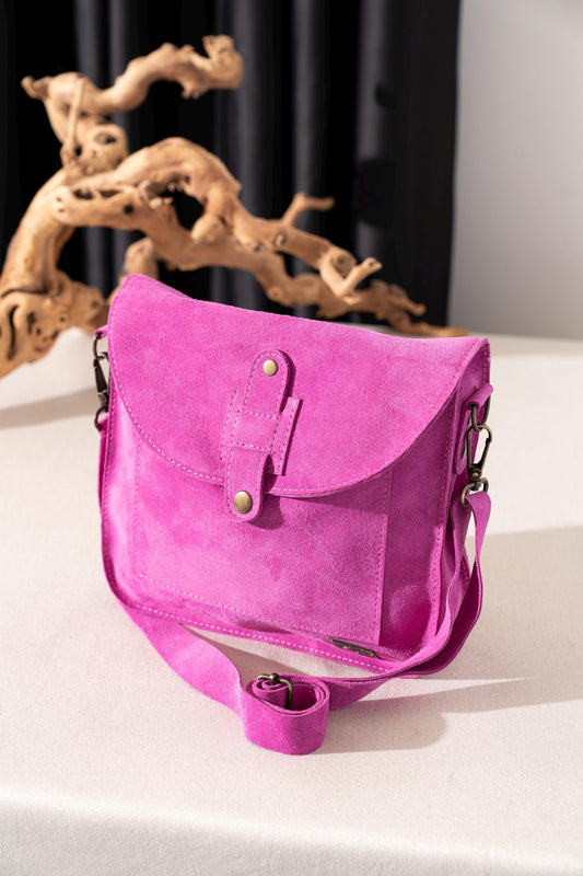 Pink Suede Leather Shoulder Bag: Neferu Design