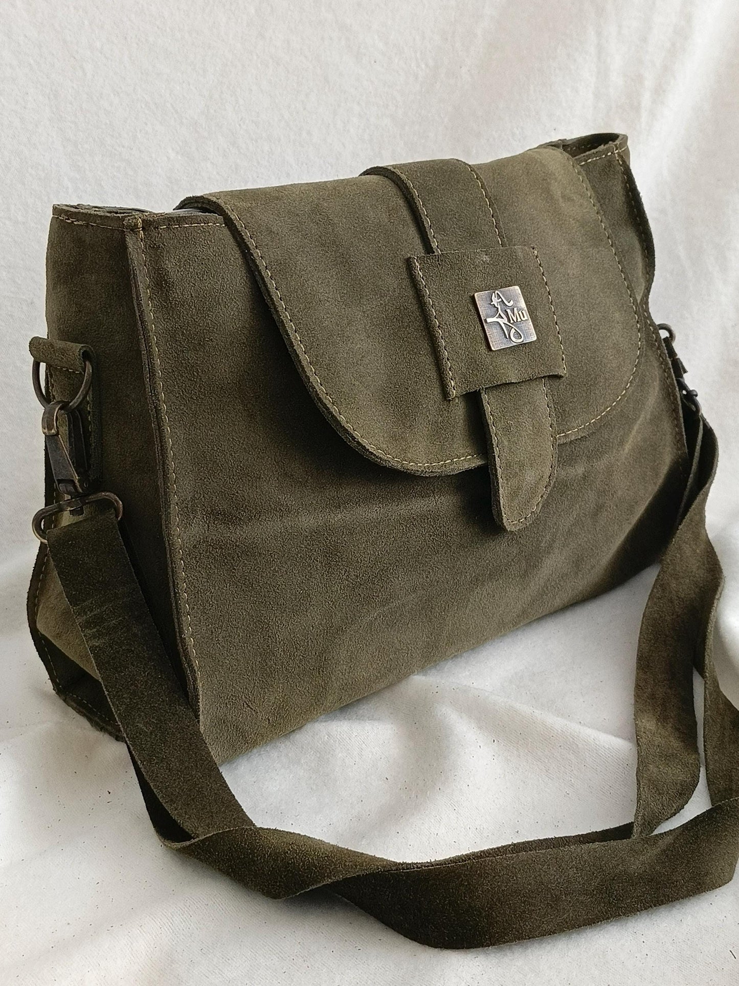 Women's suede handbag, made of genuine leather