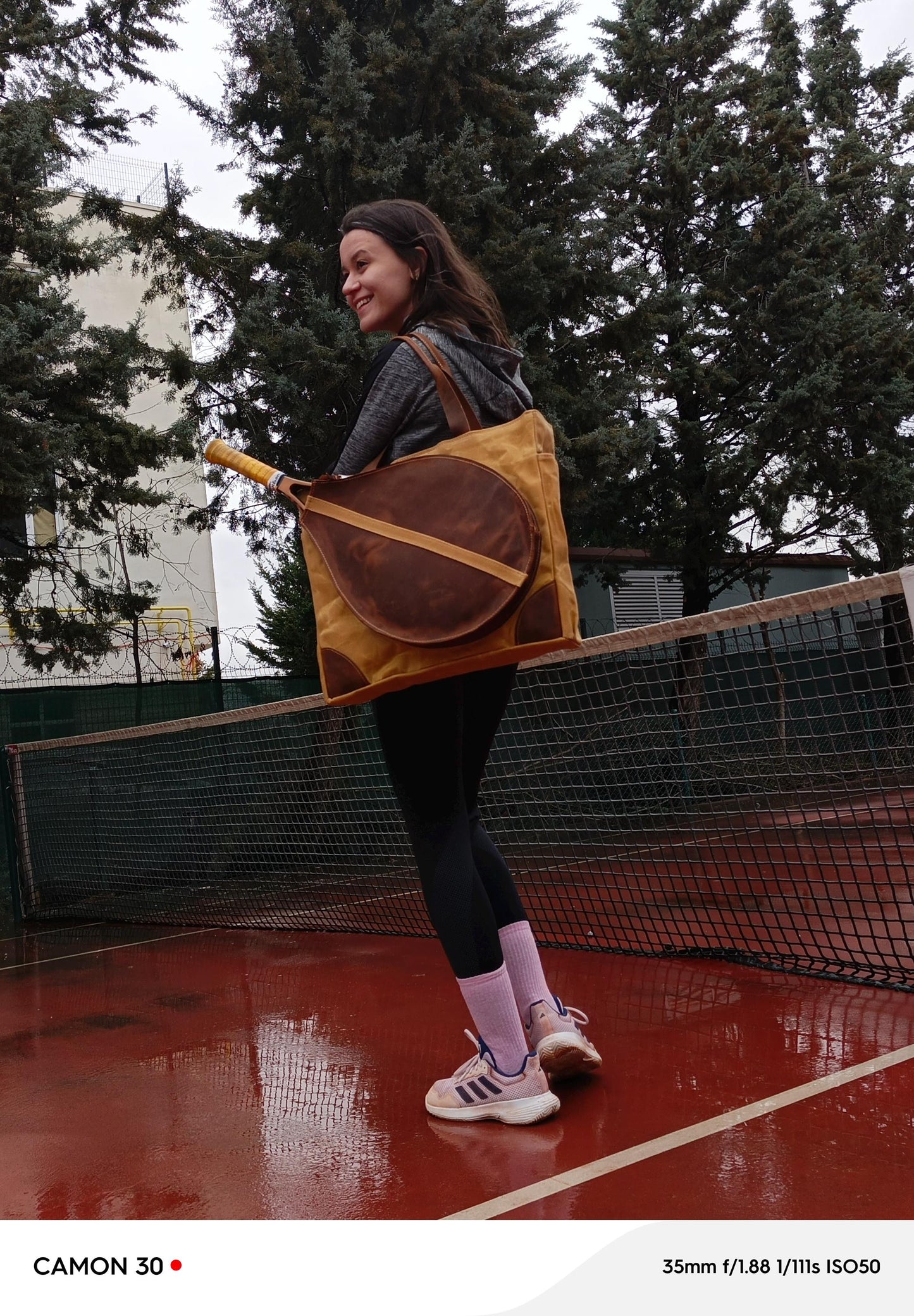 Genuine leather and canvas fabric combination special design tennis bag