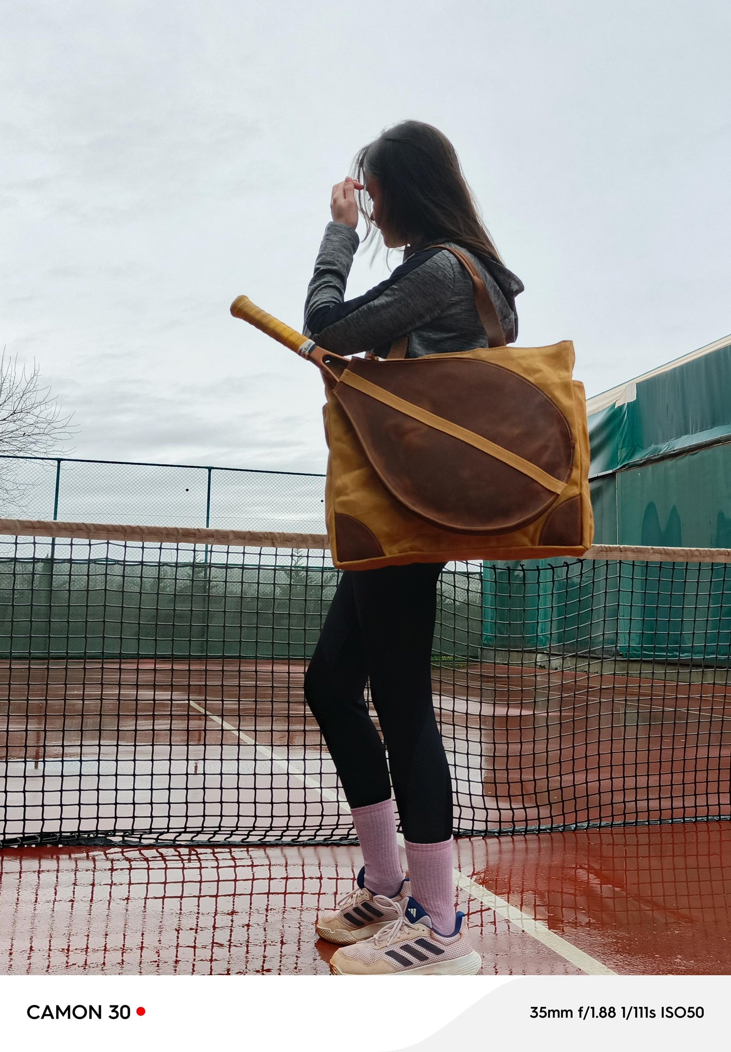Genuine leather and canvas fabric combination special design tennis bag