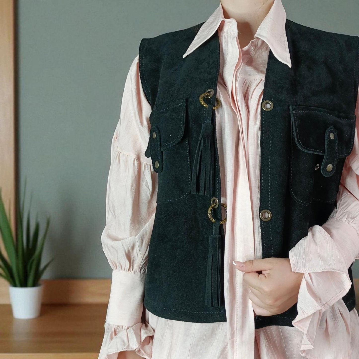 Real suede leather women's vest