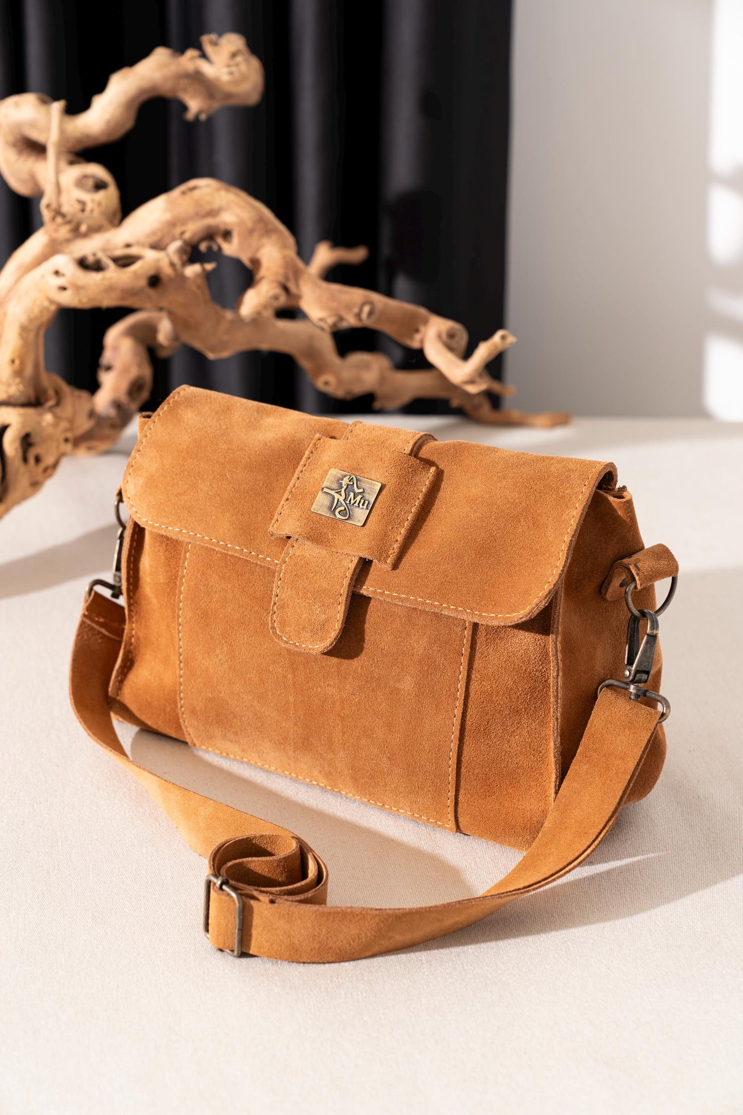 Suede Leather Crossbody Bag: Tan Genuine Leather, Short & Long Straps