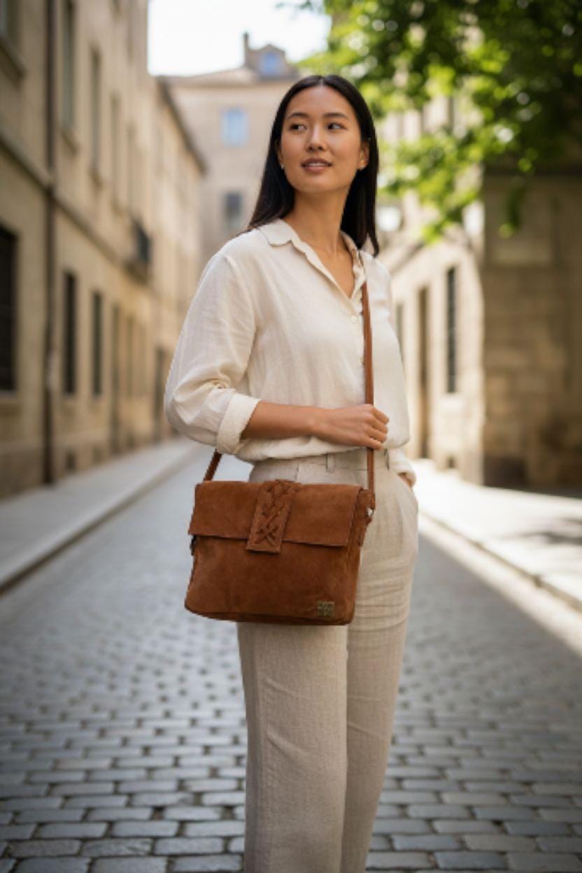 The product is a women's bag made of real suede leather.