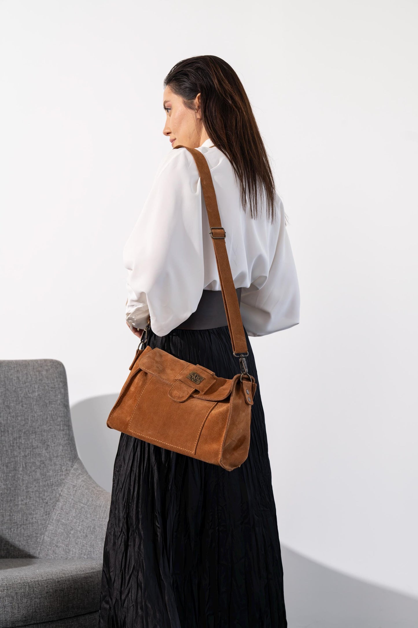Suede Leather Crossbody Bag: Tan Genuine Leather, Short & Long Straps