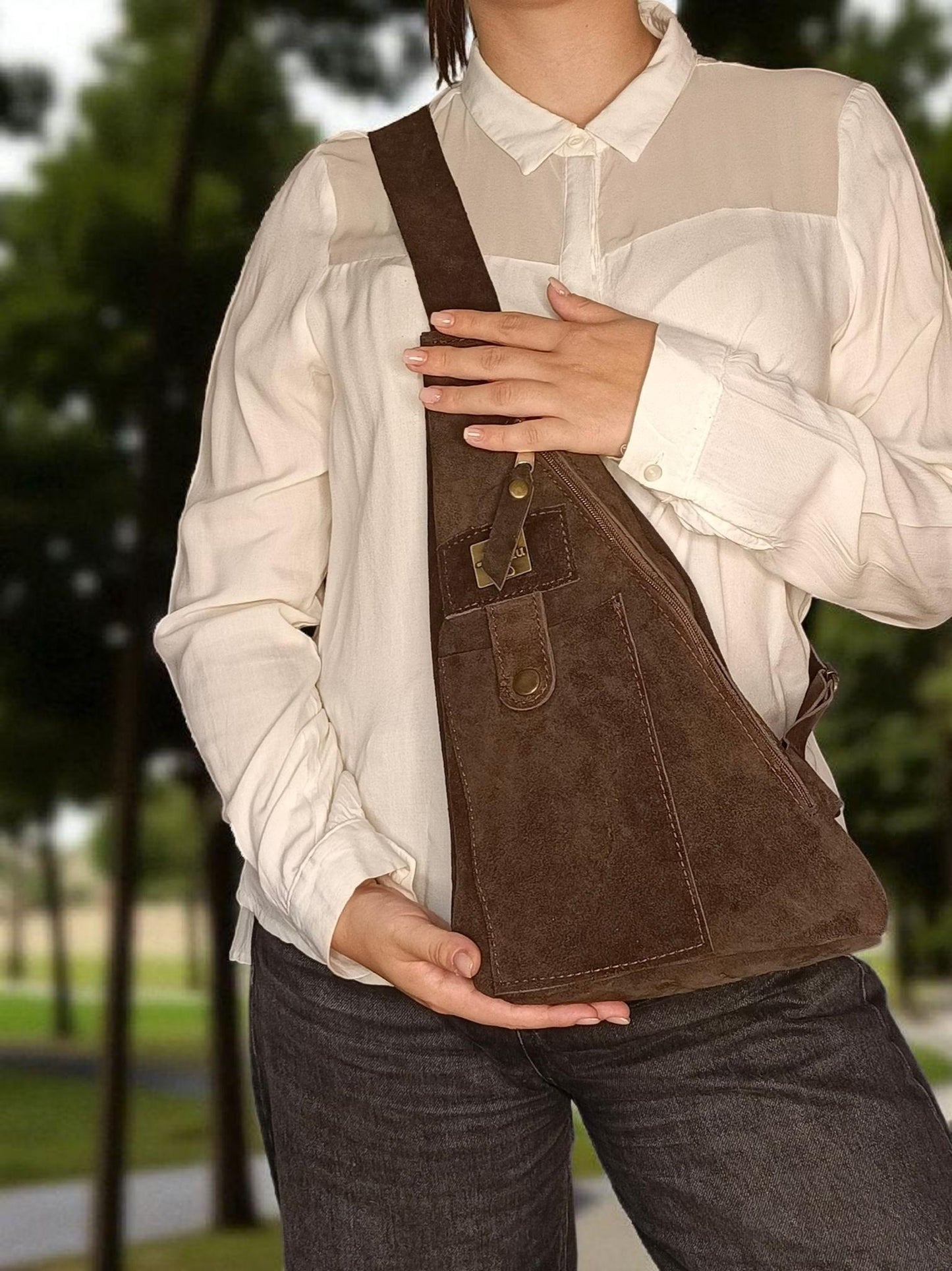 Shoulder bag made of genuine suede leather