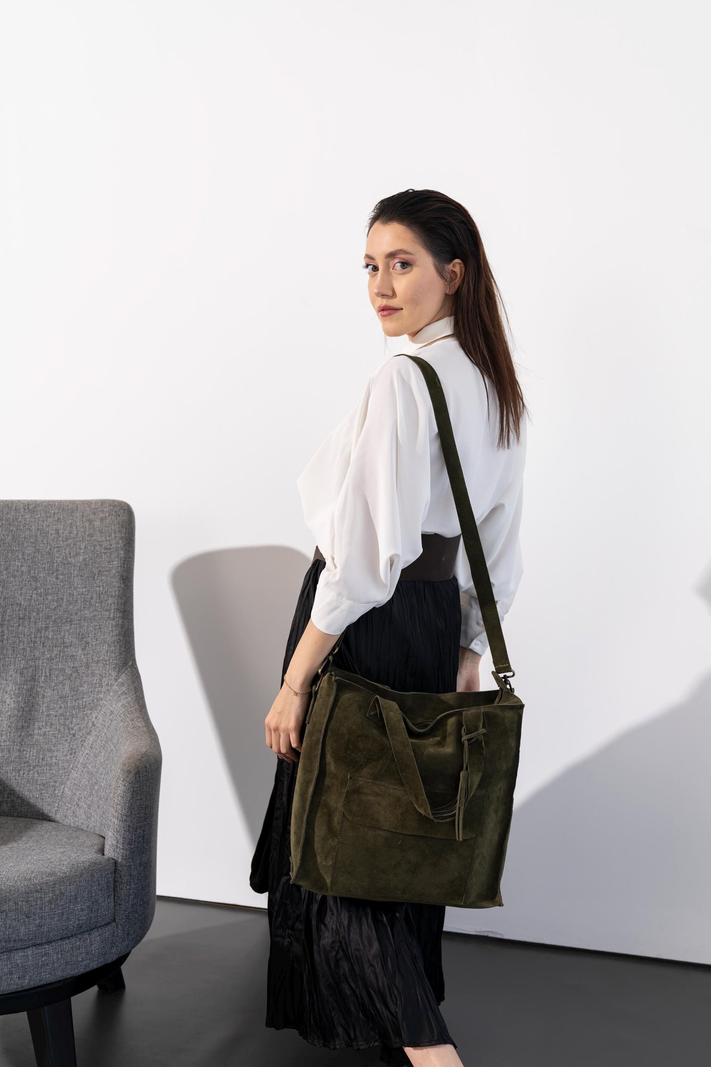 Khaki Green Suede Leather Bag: Women's Crossbody Tote